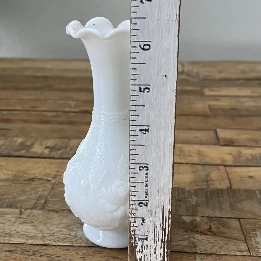 Imperial Milk Glass Bud Vase Embossed Roses Ruffled Scalloped Rim